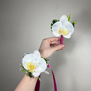 Orchid Corsage Wedding Groom White Boutonnière White Groomsmen Beach Corsage Tropical Monstera Orchid Artificial Flowers