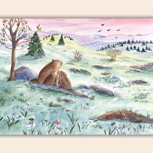 Kunstdruck - Murmeltierfamilie - Aquarellillustration - A4-Größe