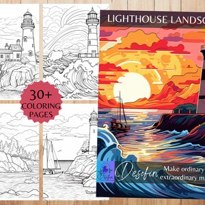 Lighthouse Landscapes Coloring Pages: 32 Printable Line Art Sheets (PDF)
