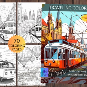 Traveling Adult Coloring Pages, Digital Download, Printable, 70 pieces