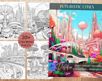23 Futuristic Cities Adult Coloring Pages, Printable, Digital Download, Fantasy Coloring