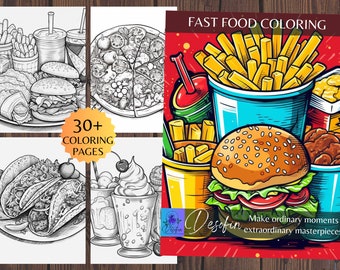 Fast Food Adult Coloring pages, Digital Download, 36 pieces