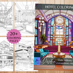 Hotel Adult Coloring Pages, Digital Download, Printable PDF, 22 pieces