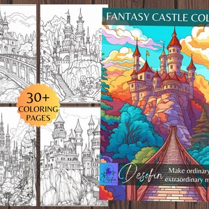 Fantasy Castle Coloring Pages, Adult Coloring, Digital Download, 38 pieces