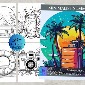 Minimalist Summer Coloring Pages, Digital Download, Printable, 44 pieces