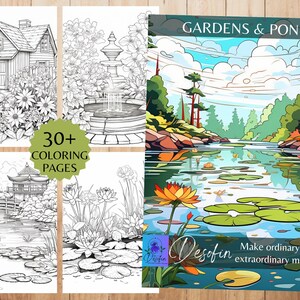 Ponds and Gardens, 37 Adult Coloring Pages, Digital Download, Printable PDF