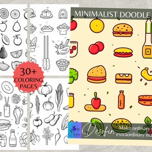 Minimalist Food Adult Coloring Pages, Digital Download, Printable PDF, 32 pieces