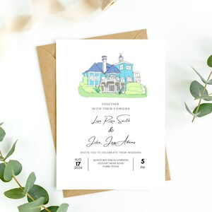 Benutzerdefinierte minimalistische florale Venue Zeichnung Hochzeitseinladung, ein Bild, MF