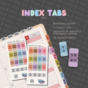 May include: Two sheets of rectangular adhesive index tabs in a pastel colour palette, featuring printed months and icons. The tabs are displayed on a planner page with additional tabs attached to the edge. Text includes INDEX TABS 2027, Plan & Peel, and Hobonichi palette.