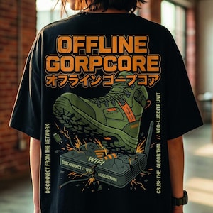 PNG de Gorpcore sin conexión, diseño de camiseta de botas de senderismo retro, PNG de desconexión de red, arte de aplastar el algoritmo, PNG de humor tecnológico, SVG de aventura