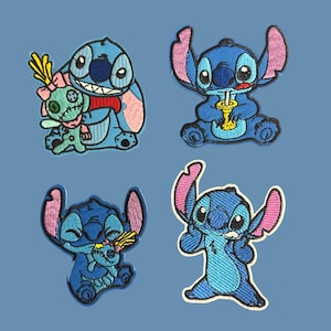 May include: Four embroidered iron-on patches featuring Stitch from Lilo & Stitch. The patches are blue with pink ears and black eyes. One patch shows Stitch holding a doll, another shows Stitch holding a drink, and two patches show Stitch with a mischievous expression.