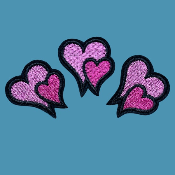 Embroidery HEART Iron-on patch x 3pcs | Valentine's Patch | Double Pink Heart Patch