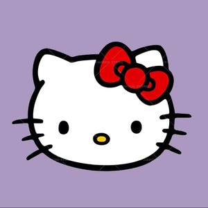 K&ouml;nnte beinhalten: Eine wei&szlig;e Comic-Katze mit einer roten Schleife. Die Katze hat schwarze Augen, eine gelbe Nase und schwarze Schnurrhaare.