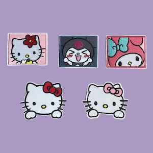 May include: Five embroidered iron-on patches featuring cartoon characters. The patches are pink, white, red, blue, and gray. The characters are Hello Kitty, My Melody, Kuromi, and two other characters with bows.