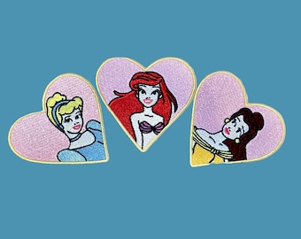 PRINCESS HEART Embroidery iron-on Patch | Cinderella - Mermaid - Belle | Valentine's Day Gift.