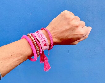 Pink Boho Bracelet Set: Embroidered LOVE, Tassel Charm