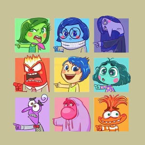 May include: Nine cartoon characters from the movie Inside Out, each with a different emotion, are shown in a grid. The characters are Joy, Sadness, Anger, Fear, Disgust, Bing Bong,  and  two other characters. Each character is pointing to the right.