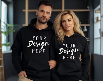 Couple black hoodie mockup Men women hoodie mockup Black 18500 mock up Husband wife sweatshirt Mockup Gildan 18500 Black Mockup Hoodie mocks