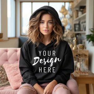 Gildan 18500 Black Hoodie Mockup, Gildan Hooded Sweatshirt, Black Hoodie Mockup, Black Oversized Hoodie Mockup ,Clothing Mockup, POD