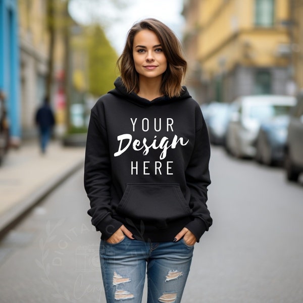 Gildan 18500 Black Hoodie Mockup, Gildan Hooded Sweatshirt, Black Hoodie Mockup, Black Oversized Hoodie Mock, Clothing Mock, Lifestyle Mocks