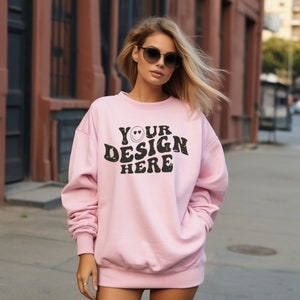 Gildan 18000 Light Pink Mockups Gildan 18000 Sweatshirt Mockup Sweatshirt Model Mockup Light Pink Gildan Crewneck Mockup Pink Sweater Mockup