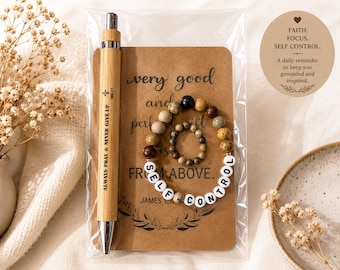 Conjunto de pulsera y anillo con cuentas inspirados en la fe para fomentar el autocontrol / Cuaderno de regalo inspirador con bolígrafo de madera.