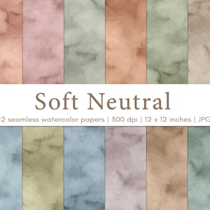Könnte beinhalten: Eine Sammlung von 12 nahtlosen Aquarellpapieren in sanften, neutralen Farbtönen. Die Papiere sind in Pfirsich-, Rosa-, Grün- und Brauntönen gehalten. Der Text "Soft Neutral" ist über den Papieren zu sehen. Jedes Papier misst 30.48 x 30.48 cm.