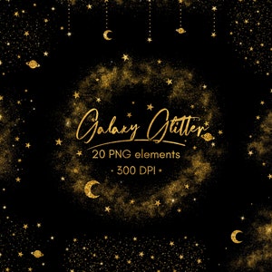 Gouden stardust clipart, Galaxy clipart, steroverlays, sterren illustraties, sterren clipart, nachtelijke hemel, maan clipart, goudglitter, goudstof, png