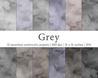 Grey watercolor backgrounds, Seamless pattern, Scrapbook paper, Digital paper pack, Commercial use, JPG