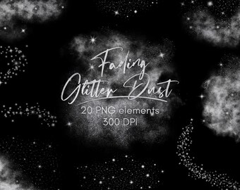May include: Black background with white glitter dust and star elements. The text "Fading Glitter Dust" is written in a cursive font. The image also includes the text "20 PNG elements 300 DPI".