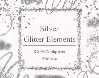 Silver glitter elements clipart, Digital download, Commercial use, PNG