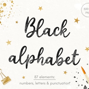 Czarny alfabet akwarelowy, Czarna czcionka, Czarne litery, Clipart czcionki, Clipart liter, Czcionka akwarelowa, Clipart liczb, Clipart alfabetu