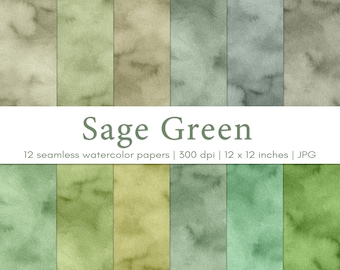 Sage green watercolor backgrounds, Seamless pattern, Scrapbook paper, Digital paper pack, Commercial use, JPG