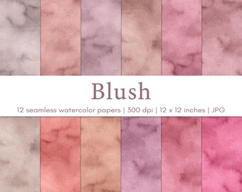 Blush watercolor backgrounds, Seamless pattern, Scrapbook paper, Digital paper pack, Commercial use, JPG
