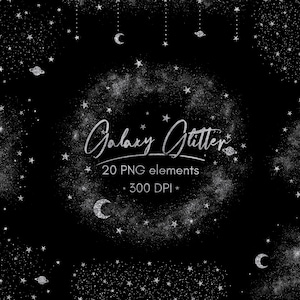Zilveren stardust clipart, Galaxy clipart, zilveren sterren, zilveren maan, maan clipart, steroverlays, sterren clipart, nachtelijke hemel, magisch stof