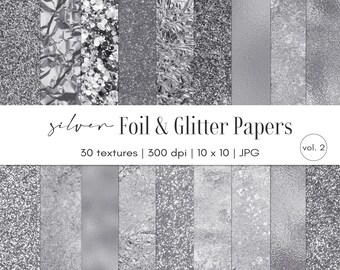 Silver foil and glitter backgrounds, Paper pack clipart, Commercial use, Digital download, JPG