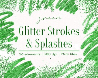 Green glitter confetti and brush strokes clipart, Digital download, Commercial use, PNG