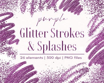 Purple glitter confetti and brush strokes clipart, Digital download, Commercial use, PNG