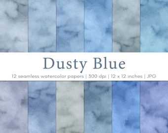 Dusty blue watercolor backgrounds, Seamless pattern, Scrapbook paper, Digital paper pack, Commercial use, JPG