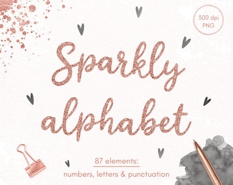 Rose gold glitter alphabet clipart, Digital download, Commercial use, PNG