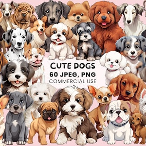 Cute Dogs Clipart | 60 Dog Graphic Designs | Pet Dog | Dog Breeds PNG and JPEG | Puppy Portraits - Sublimation Designs