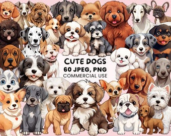 Söta hundar Clipart | 60 hundgrafiska designer | Husdjurshund | Hundraser PNG och JPEG | Valpporträtt - Sublimeringsdesigner