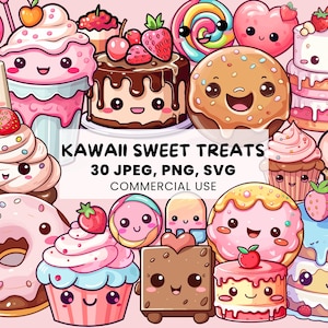 Kawaii zoet eten clipart | 30 schattige zoete lekkernijen-clipart | Schattige afbeeldingen - SVG, PNG, JPEG voor afdrukbare stickers - vectorillustratie