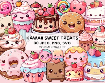 Kawaii Słodkie Jedzenie Clipart | 30 Uroczych Słodkich Przysmaków Clipart | Urocze grafiki - SVG, PNG, JPEG do wydrukowania naklejek - ilustracja wektorowa