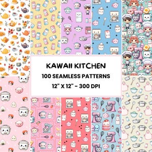 Può includere: Un set di 100 motivi senza cuciture a tema cucina kawaii. I motivi presentano illustrazioni carine di elettrodomestici da cucina, cibo e personaggi. I motivi misurano 30,48 cm per 30,48 cm e 300 DPI.