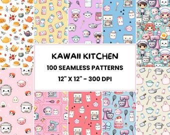 Wzory kuchenne Kawaii | 100 bezszwowych wzorów kuchennych | Urocze urządzenia kuchenne | Szef kuchni Kawaii | Wzory kulinarne | Powtarzające się wzory do pieczenia