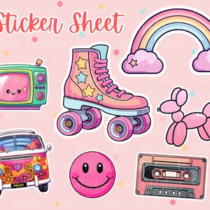 Op de afbeelding: Een vel stickers met een roze en witte regenboog, een roze rolstoel, een roze ballonhond, een roze smiley, een roze en groene retro-tv, een roze en gele bus met het woord "Peace" erop en een roze cassetteband.