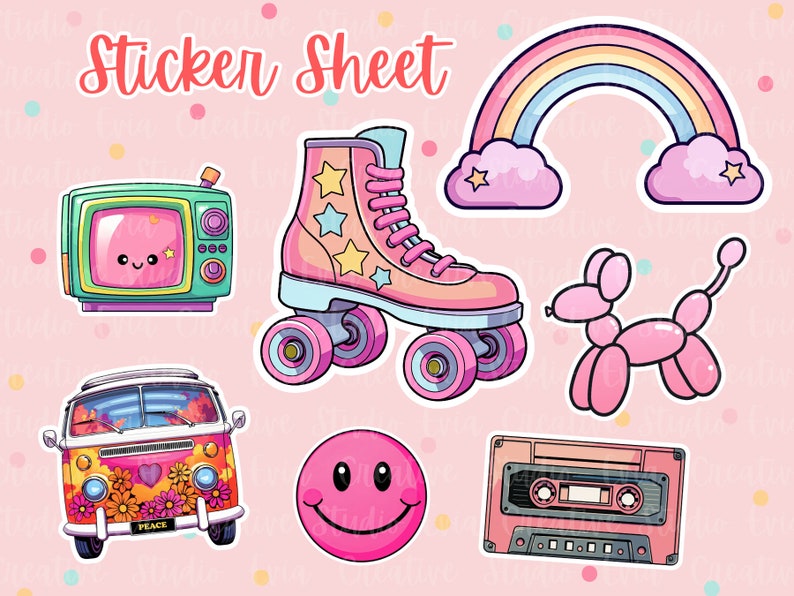 Op de afbeelding: Een vel stickers met een roze en witte regenboog, een roze rolstoel, een roze ballonhond, een roze smiley, een roze en groene retro-tv, een roze en gele bus met het woord "Peace" erop en een roze cassetteband.