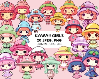 Kawaii Girl Clipart | Cute Anime Girl - 20 Character Bundle - Instant Download - SVG, PNG, JPEG for stickers - vector illustration
