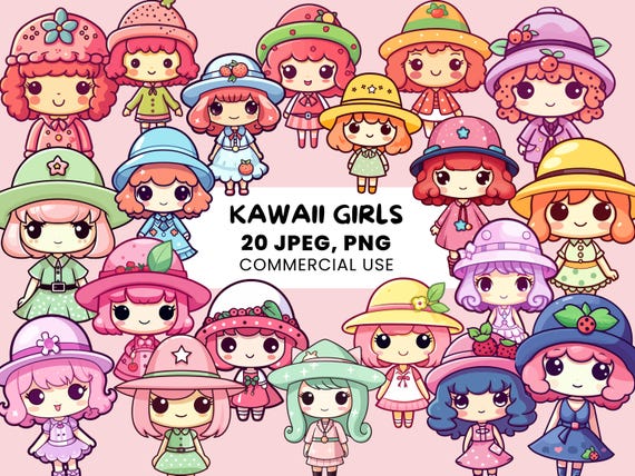 Kawaii Girl Clipart | Cute Anime Girl - 20 Character Bundle - Instant Download - SVG, PNG, JPEG for stickers - vector illustration